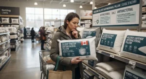 A shopper evaluating different bedding options in a Canadian store to find the best antimicrobial pillow.