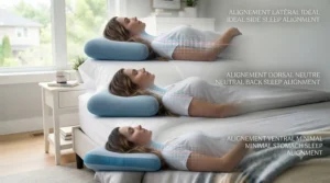 Diagram showing proper head and neck alignment using cooling pillows for side, back, and stomach sleepers.