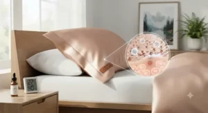 Copper-infused pillowcase for acne-prone skin showing anti-aging and blemish-clearing properties.