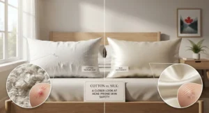 Comparison illustration of cotton versus silk pillowcase for acne-prone skin highlighting skin texture safety.