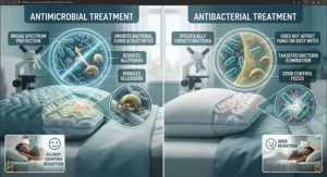 Infographic showing the functional difference between antimicrobial and antibacterial pillow treatments for allergy relief.