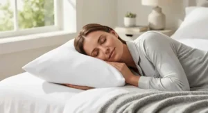 A person resting comfortably on a bed featuring a dust mite pillow protector, emphasizing allergy symptom relief.