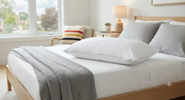 A premium dust mite pillow protector displayed on a bed in a bright, modern Canadian bedroom.