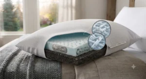Eco-friendly certification badges alongside a durable pillow that doesn't smell, meeting strict environmental and safety standards for Canadian consumers (oreiller sans odeur / odor-free pillow).