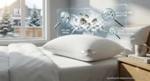 A hypoallergenic antimicrobial pillow showcasing advanced protection against mold, mildew, and odours.