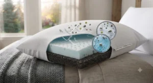 Close-up illustration of hypoallergenic fibers blocking dust mites and allergens to maintain a clean pillow that doesn't smell over time.