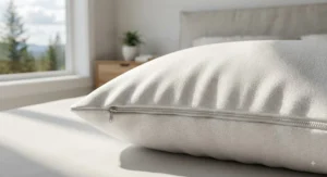 Illustration showing a dust-mite-proof hypoallergenic pillow protector layer, perfect for allergy sufferers in the Canadian climate.