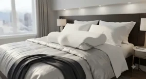 A plush, hotel-quality antimicrobial pillow for allergies styled on a king-size bed, offering relief for asthma and allergy sufferers.
