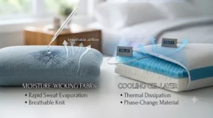 Infographic comparing features, pros, and materials of moisture-wicking vs cooling gel pillows.
