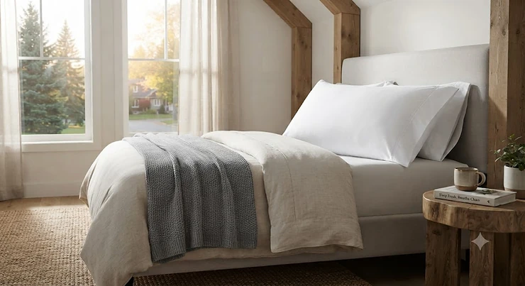 Fresh, odor-free pillow that doesn't smell, resting on a neatly made bed in a modern Canadian bedroom, highlighting clean indoor air for Canadian sleepers.