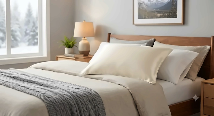 A smooth silk pillowcase for acne-prone skin displayed on a cozy Canadian bedroom bed, helping prevent breakouts.