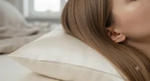 Close-up showing smooth hair resting on a soft silk pillowcase for hair and skin care, preventing breakage and frizz.