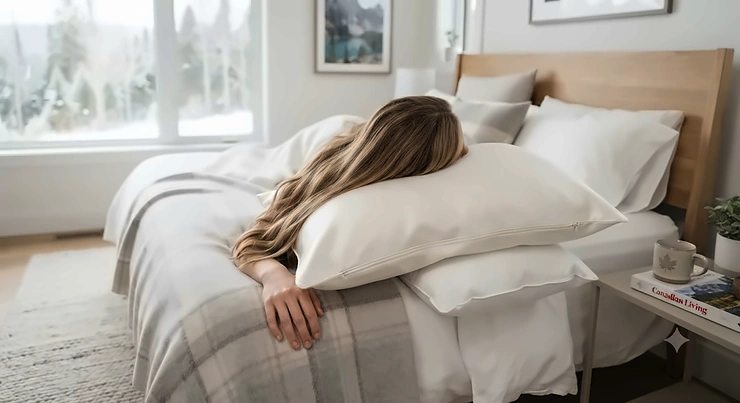 A luxurious mulberry silk pillowcase for hair and skin protection, styled on a modern bed in a Canadian bedroom. silk pillowcase for hair and skin