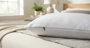 Standard size hypoallergenic pillow protector with a secure closure to protect against allergens and spills.