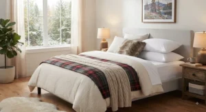 Cozy Canadian bedroom setting featuring a well-made bed with a waterproof pillow protector under bedding.