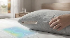 A temperature-regulating pillow suitable for Canadian homes, keeping sleepers cool and odour-free.