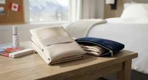 A portable silk pillowcase for hair and skin folded neatly for travel or wellness routines away from home.