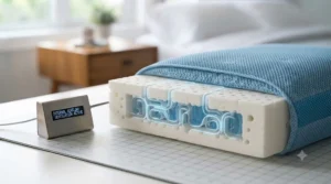 Technical illustration of perforated foam channels improving breathability in a cooling pillow.