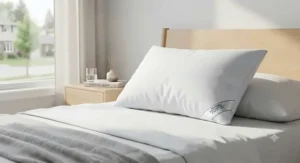 A freshly laundered washable antibacterial pillow resting on crisp white sheets in a modern bedroom.