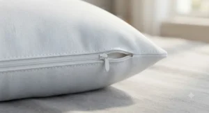 Close-up view of a secure, zippered dust mite pillow protector showing quality stitching and fabric.