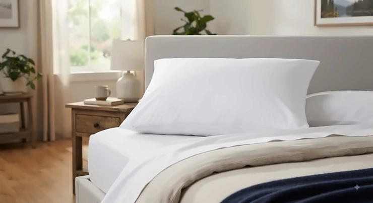 Standard waterproof pillow protector on a bed, offering spill-proof protection for Canadian bedrooms.