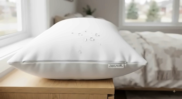 Waterproof zippered pillow protector protecting against spills and dust mites for Canadian homes.