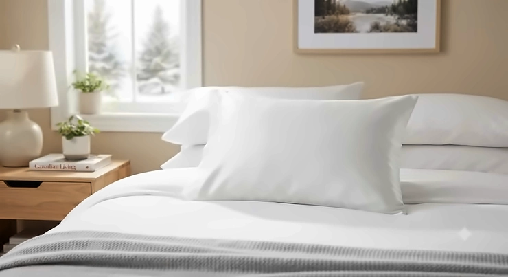 Standard white bamboo pillowcase displayed neatly on a freshly made bed in a Canadian bedroom.