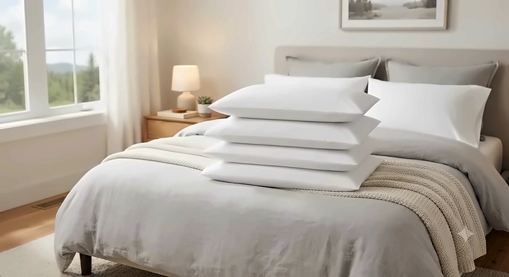 A stack of crisp white cotton pillowcases on a cozy bed, representing the best cotton pillowcases for everyday comfort in Canadian homes.