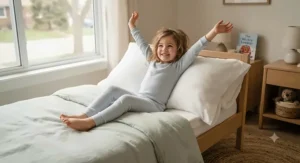Happy child waking up refreshed after using extra soft pillows for kids.
