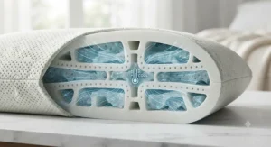 Cross-section illustration showing airflow channels inside a soft cooling pillow for warm summer nights