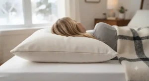Illustration of a breathable organic cotton pillowcase on a soft side-sleeper pillow for cozy indoor climates.