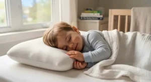 Toddler resting comfortably on breathable extra soft pillows for kids year-round.