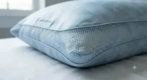 Detailed view of breathable mesh panels on a cooling pillowcase for night sweats to maximize airflow.