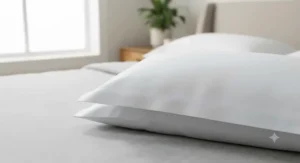 Close-up of breathable percale cotton pillowcases showcasing a cool, crisp texture ideal for warm summer nights.