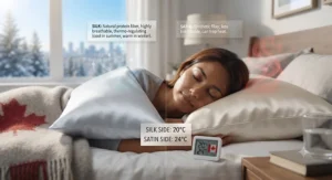 Breathability breakdown of a satin vs silk pillowcase for hot sleepers across Canada.
