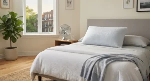 Cozy apartment bedroom interior featuring a soft cooling pillow ready for humid July weather
