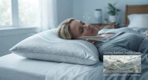 Illustration of a cooling bamboo-viscose cover on a soft side-sleeper pillow with airflow indicators.