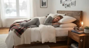 Cozy Canadian bedroom setting featuring stacked soft pillows arranged for a comfortable side-sleeping night routine.