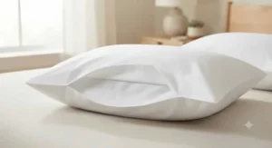 Illustration of an envelope closure design on a crisp white king size pillowcase set.