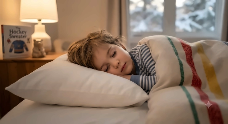 Child sleeping peacefully on an extra soft pillow for kids designed for cozy Canadian nights.