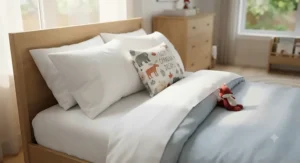 Plump and fluffy extra soft pillows for kids displayed on a neatly made bed.