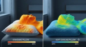 Thermal imaging comparison showing cooler surface temperature on a soft cooling pillow versus standard pillow