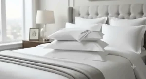 Durable, high-thread-count cotton pillowcases styled like a luxury hotel room bed setup for long-lasting comfort.