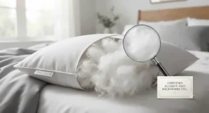 Illustration highlighting hypoallergenic microfibre fill inside a soft side-sleeper pillow for allergy-sensitive sleepers.
