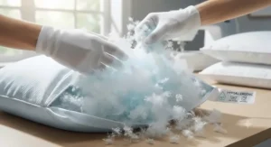 Fluffy hypoallergenic microfiber fill being fluffed for a soft cooling pillow suitable for allergy season