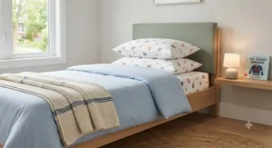 A tidy children's bed featuring extra soft pillows for kids in a modern Canadian bedroom setup.