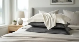 Smooth and lustrous sateen cotton pillowcases styled on a modern bed, offering a luxurious feel and subtle sheen.