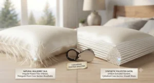 Close-up look at the material differences and protein fibre of a natural silk versus synthetic satin pillowcase.