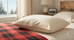 Organic cotton covered extra soft pillow for side sleepers featured in a cozy Canadian home