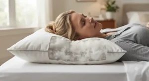 Cross-section illustration of a high-loft plush down-alternative pillow compressed gently under a side sleeper's head.